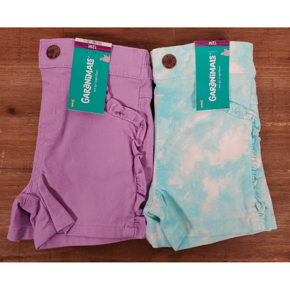 Lot of 2 Denim SHORTS 12 Months Girls Blue Tie Dye & Purple - Garanimals NEW